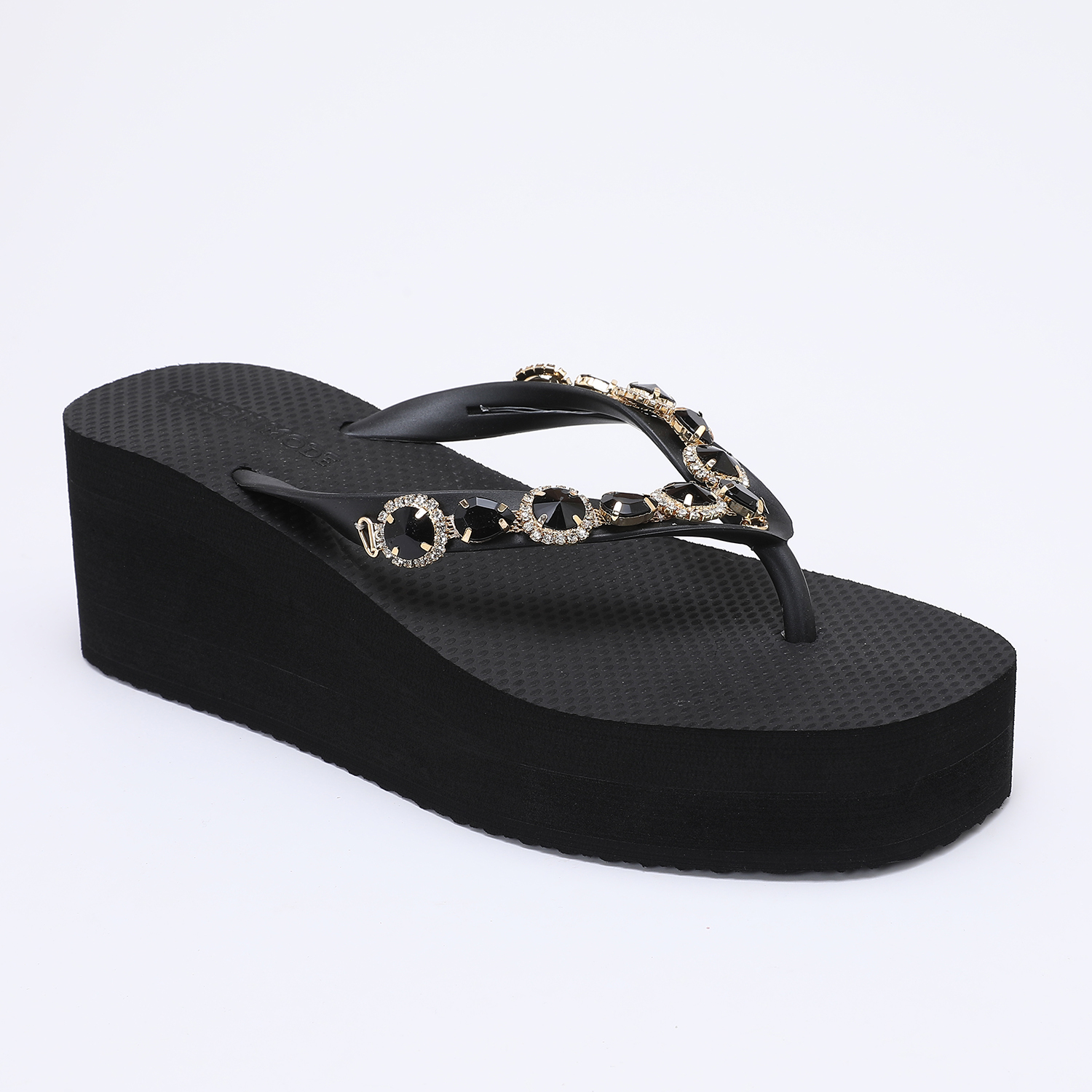 Women Bags Polene - Black Rhinestone Platform Flip Flops with