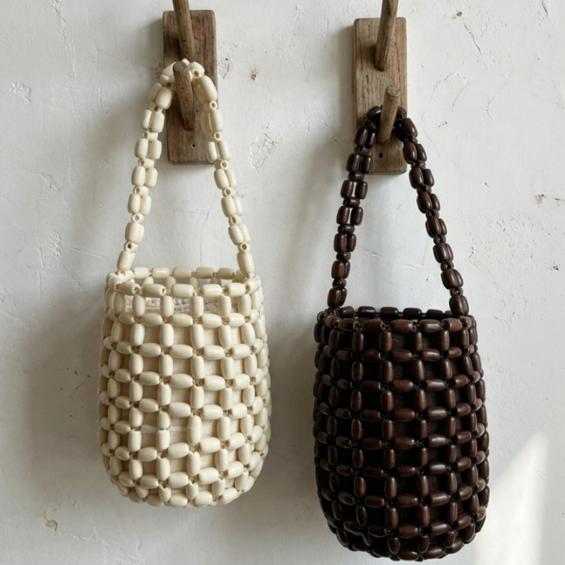 Basket Bag Wicker - Handmade Wooden Bead Shoulder Bag With